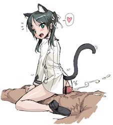 1boy 1girls ass assertive black_hair blush buttjob censored clothing cowgirl_position crotch_rub cum cute_fang ejaculation erection female francesca_lucchini green_eyes grinding heart human outercourse penis reverse_cowgirl_position sex straddle strike_witches tail thigh_sex thighs tied_hair twintails unpokotan