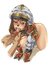 bottomless breasts brown_hair cum cum_in_mouth cum_on_tongue ejaculation fellatio final_fantasy final_fantasy_xi gauntlets hat mihli_aliapoh mithra oral penis short_hair sweat tomotsuka_haruomi tongue torn_clothes