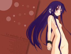 1girls akiba_rika blush bondage bound_hands bound_wrists cuffs cum cum_on_body cum_on_hair facial female flat_chest hanbun_no_tsuki_ga_noboru_sora handcuffs long_hair navel nipples purple_eyes purple_hair pussy solo