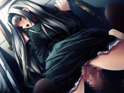 1boy 1girls ayasaki_takako blush brown_eyes cartagra censored clothed_sex from_behind game_cg grey_hair hairband long_hair looking_back school_uniform serafuku sex skirt sugina_miki