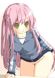 blush bottomless breasts brown_eyes female futaki_kanata hair_bobbles hair_ornament highres jacket leaning_forward little_busters! long_hair looking_at_viewer purple_hair pussy side_ponytail solo tabuchisan track_jacket uncensored