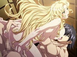 blonde_hair blush breasts censored cowgirl_position game_cg julianne_toubaru kuro_ai large_breasts long_hair riding sex tears vaginal_penetration very_long_hair