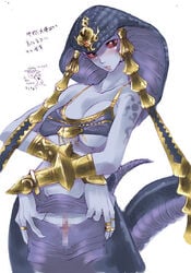 blue_skin breasts censored female final_fantasy final_fantasy_xi lamia large_breasts monster_girl mr_pavlov naga pussy red_eyes scales solo tattoo tomotsuka_haruomi