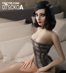 3d big_breasts bioshock bioshock_infinite black_hair blue_eyes breasts busty choker cleavage discko elizabeth_comstock eyeliner eyeshadow female female_focus female_only hourglass_figure lipstick long_hair makeup mascara nail_polish pale-skinned_female pale_skin pendant pinup sitting sofa thick_thighs wide_hips