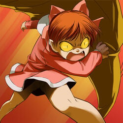 angry cat_girl cute_fang fangs female gegege_no_kitarou hair_ribbon hair_ribbons haruyama humanoid lowres nekomusume no_panties pointed_ears pointy_ears red_hair ribbon short_hair upskirt yellow_eyes youkai