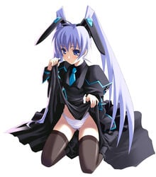 android animal_ears black_legwear black_thighhighs blue_eyes blue_hair bunny_ears clothes dress dress_lift fake_animal_ears machine muv-luv muv-luv_altered_fable muv-luv_alternative_chronicles necktie panties robot robot_girl shingo_(missing_link) sitting skirt skirt_lift solo striped striped_panties thighhighs tied_hair twintails underwear uniform yashiro_kasumi