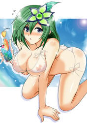 :o ass ass_cleavage bent_over bikini blue_eyes blush breasts butt_crack cleavage erect_nipples female female_only final_fantasy final_fantasy_iv green_hair huge_breasts human large_breasts open_mouth rydia see-through short_hair solo swimsuit wet yasakani_an