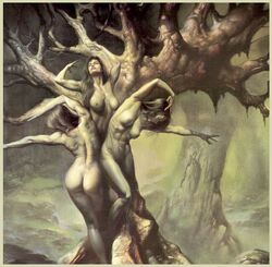 3girls areolae ass boris_vallejo breasts dryad female female_only greek_mythology inanimate multiple_girls mythology nipples nude nude_female tree