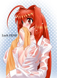 1girls ahoge blush breasts dress_shirt erect_nipples female kagami_sumika long_hair muv-luv no_bra open_clothes open_shirt red_eyes red_hair sakura_ryuuken see-through shirt solo towel very_long_hair wet_clothes wet_shirt