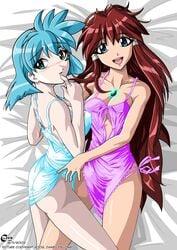 2girls ass bed blue_eyes blue_hair blush breasts cleavage daniel_fielding dita_liebely female green_eyes jewelry large_breasts lingerie long_hair lying meia_gisborn multiple_girls necklace nightgown on_back on_side pale_skin panties red_hair short_hair side-tie_panties underwear vandread very_long_hair yuri