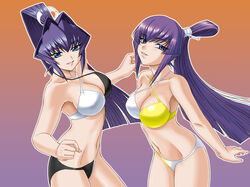 bikini blue_eyes hair_intakes koubuin_yuuhi misnon_the_great mitsurugi_meiya multiple_girls muv-luv ponytail purple_hair swimsuit tied_hair