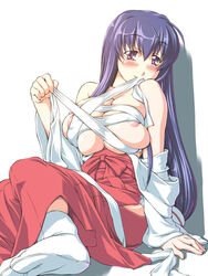 1girls akabane_kureha areola areolae bb blush breast_squeeze breasts cleavage female hakama huge_breasts japanese_clothes jon_shicchiou jyon_shicchiou kureha_akabane large_breasts long_hair miko mouth_hold night_wizard purple_eyes purple_hair sarashi smile solo tabi