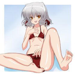 bikini feet flat_chest night_wizard orange_eyes short short_hair silver_hair spread_legs swimsuit toes