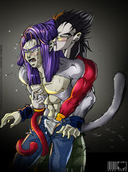 2boys black_hair color dragon_ball dragon_ball_gt ear_biting front_view fur gay glasses grey_fur hair hand_on_chest long_hair male male_only multiple_males muscles muscular muscular_male nipples purple_fur purple_hair reaching red_eyeshadow red_fur rena_sama son_gohan spiky_hair straight_hair super_saiyan_4 topless trunks_briefs yaoi