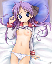 1girls bed blue_eyes blush breasts clothes_lift groin hair_ribbon kagami_hiiragi long_hair lucky_star lying navel nipples no_bra no_pants on_back panties panty_pull photoshop_(medium) purple_hair red_sailor_collar ribbon ryouou_school_uniform sailor_collar school_uniform serafuku shirt_lift side-tie_panties small_breasts solo thigh_gap tomusooya tsurime underwear white_panties