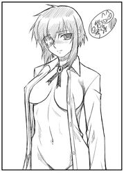 blush bottomless breasts eye_patch female female_only human monochrome natose necktie open_clothes open_shirt shirt solo they_are_my_noble_masters tie