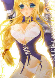 armor blonde_hair blue_eyes blush braid curvy female female_only final_fantasy final_fantasy_tactics final_fantasy_tactics_(original) human knight lingerie long_hair nipples panties side-tie_panties single_braid skindentation solo sword thighhighs tooka translation_request underwear weapon white_panties