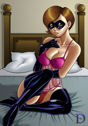 1girls 2008 bed breasts busty cameltoe camisole cleavage delduwath disney elastigirl female female_only gloves helen_parr high_heel_boots large_breasts lingerie mask nipple_bulge nipples panties pink_lingerie pixar solo straight_hair the_incredibles thighhigh_boots thong voluptuous