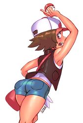 1boy androgynous armpits ass bag bare_shoulders big_ass brown_hair clothed combos-n-doodles cosplay crossdressing dat_ass eye_contact femboy girly hat hilbert_(pokemon) hilda_(pokemon)_(cosplay) hot_pants hotpants human jacket looking_at_viewer looking_back male male_only nintendo open_mouth poke_ball pokemon pokemon_bw pose shirt short_hair shorts sissy source_request standing teeth text tongue trap watermark white_background wide_hips