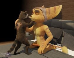 3d_(artwork) absurd_res anthro back_scar balls barely_visible_balls barely_visible_genitalia bed bedroom big_ears blender_(artwork) brown_body brown_fur claws closed_eyes clothing crossover cybernetics digital_media_(artwork) disney english_text erection facial_markings feet fur furniture genitals guardians_of_the_galaxy hand_on_chin hand_on_shoulder hat head_markings headgear headwear hi_res huge_filesize imminent_kiss kneeling knot lombax machine male male/male mammal markings marvel mask_(marking) mostly_nude nude on_model penis pink_penis procyonid raccoon rasterraccoon ratchet_(ratchet_and_clank) ratchet_and_clank ring_(marking) ringed_tail rocket_raccoon scar size_difference solo sony_corporation sony_interactive_entertainment standing striped_markings striped_tail stripes tail tail_markings tail_tuft text toe_claws tuft watermark yellow_body yellow_fur