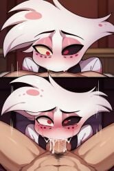 0_0 ai_generated all_the_way_to_the_base angel_dust_(hazbin_hotel) balls_deep blowjob crying cum_in_mouth deep_blowjob deep_throat deepthroat femboy femboy_on_male femboysub gay hazbin_hotel kuro.ai male male/male tears white_fur white_skin yaoi