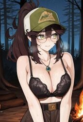 1girls ai_generated black_bra blush brown_hair campfire camping cleavage embarrassed female fire forest green_eyes hat huge_breasts kara_wilderwood ponytail sweat virtual_youtuber
