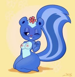 1girls 2024 anthro blue_fur breasts buckteeth female female_only flower flower_on_head happy_tree_friends imminent_sex j.fbelen jfbelen mammal mephitid naked nipples nude nude_female one_eye_closed petunia_(htf) pink_nipples simple_background skunk solo solo_female tail thighs wink winking_at_viewer yellow_background