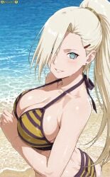 1girls ai_generated arm_under_breasts beach big_breasts bikini blonde_hair blue_eyes blue_sky breasts cleavage clouds curvaceous darkuro_27 elbow_pads female female_only fishnets fully_clothed hair_over_one_eye ino_yamanaka looking_at_viewer midriff naruto naruto_(series) naruto_shippuden ocean official_alternate_costume outdoors pinup ponytail sky slim_waist smile solo solo_focus striped_bikini stripes swimsuit tied_hair upper_body voluptuous watermark waving wet wet_skin wide_hips yellow_bikini