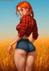 1futa ai_generated ass ass_cheeks ass_focus athletic athletic_futanari boobs braid braided_hair braided_twintails breasts cropped_shirt denim_shorts dickgirl field field_background fit fit_futanari flannel flannel_shirt freckles freckles_on_face futa_focus futa_only futanari ginger ginger_hair green_eyes high_waisted_jeans high_waisted_pants high_waisted_shorts intersex looking_at_viewer looking_back looking_back_at_viewer midriff naked oc orange_hair penis penis_peek red_hair redbisycle ripped_denim_shorts shorts thick_ass thick_thighs tight_ass toned toned_ass toned_body toned_futa toned_legs wheat_field