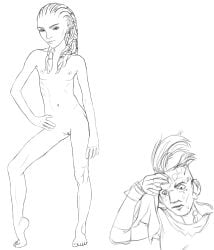 alien alien_girl black_and_white braided_hair dal_r'el drawing gwyndala meme_reference naked panzer posing seductive_smile skinny slim_girl small_breasts star_trek star_trek_prodigy vau_n'akat_(species) younger_female