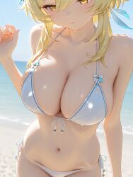 1girls ai_generated beach bikini genshin_impact lumine_(genshin_impact) solo