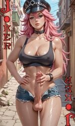 ai_generated alleyway balls blue_eyes braclet collar flashing_penis futanari futanari_penis intersex jean_shorts long_hair long_penis looking_at_viewer pink_hair playing_card poison_(final_fight) pokies sweaty_skin tank_top testicles upper_body veiny_penis