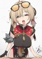 1boy black_dress black_pubic_hair blonde_hair breasts censored china_dress chinese_clothes cleavage_cutout clothing_cutout donutman dress eyewear_on_head female fingerless_gloves gloves highres large_breasts male male_pubic_hair mosaic_censoring open_mouth paizuri penis pubic_hair purple_eyes saliva single_glove solo_focus straight sunglasses sweety_(zenless_zone_zero) tinted_eyewear tongue tongue_out yellow-tinted_eyewear zenless_zone_zero
