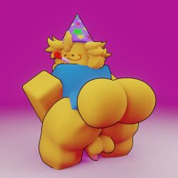 1boy 3d 3d_(artwork) :3 ass ass_focus balls big_ass big_butt blocky_body blush bottomless butt butt_focus exposed_ass exposed_balls exposed_penis looking_at_viewer looking_back no_pants nonbinary party_hat party_horn penis poob_(regretevator) presenting_ass regretevator roblox roblox_game robloxian self_upload shotel showing_ass showing_off simple_background solo solo_male thick_thighs yellow_body yellow_hair yellow_penis yellow_skin