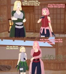 2girls attribute_swap attribute_theft blonde_hair breasts cleavage closed_eyes english_text female female_only huge_breasts koikatsu large_breasts life_swap light-skinned_female light_skin long_hair mrvic52 naruto pink_hair sakura_haruno short_hair small_breasts tsunade