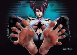1girls 2d big_feet black_hair breasts clothing feet female female_only foot_fetish foot_focus full_color graffiti juri_han looking_at_viewer presenting_feet purple_eyes soles soles_female stampnyx street_fighter street_fighter_6 tagme toenail_polish toenails toes