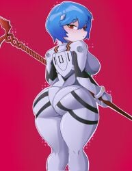back_view big_ass big_breasts big_butt big_thighs clothing curvaceous curvaceous_female curvaceous_figure curvy curvy_figure curvy_hips cyan_hair female female_focus female_only hatzuhatzu looking_at_viewer neon_genesis_evangelion rei_ayanami short_hair