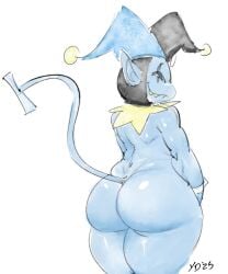 1boy artbyyellowdog ass ass_focus big_ass big_ears blue_body blue_skin deltarune demon huge_ass imp jester jevil_(deltarune) looking_at_viewer looking_back pointy_ears sole_male tail