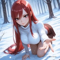 absurdly_long_hair ai_generated beckoning erza_scarlet fairy_tail outdoors red_hair snow white_turtleneck