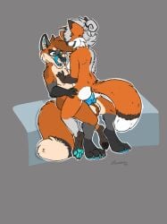 anthro anthro_on_anthro anthro_penetrated anthro_penetrating blue_penis bodily_fluids canid canine cowgirl_position cum cum_in_vagina cum_inside cum_on_penis duo female fluke_fox fox from_front_position genital_fluids genitals grab_leg hair hair_bun hi_res lick_lips male male/female mammal on_bottom on_top penetration penis red_fox ruka_fawkes sex sitting_sex true_fox