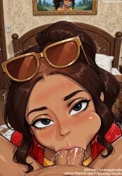 1boy :>= ai_generated bangs bed black_eyes blowjob blush breasts brown_hair cheek_bulge clothing dark-skinned_female dark_skin deepthroat disventure_camp english_language english_text erection eyewear eyewear_on_head fellatio female indoors jewelry jousneystudio light-skinned_female lips long_hair looking_at_viewer makeup male male_pov nude odd_nation_cartoons oral partial_male penis pillow ponytail riya_(disventure_camp) saliva semen sex solo_focus straight sunglasses sweat text trembling veins veiny_penis