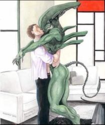 alien_girl arms_around_neck arms_around_waist female female_xenomorph holding_partner kissing male romantic shirt_open