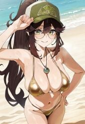 1girls ai_generated beach belly belly_button blush brown_hair cleavage gold_bikini green_eyes hat kara_wilderwood large_breasts long_hair navel ponytailthighs smile virtual_youtuber