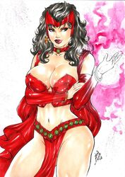 1girls avengers bare_ass big_breasts black_hair breasts cape casting_spell choker distracting_watermark ed_benes_studio green_eyes headband homo_superior lanio_sena magic marvel mutant nipple_bulge nipples nipples_visible_through_clothing red_cape red_clothing revealing_clothes scarlet_witch spell tagme wanda_maximoff watermark