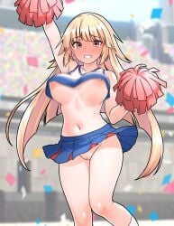 absurdres blonde_hair blue_skirt blush breasts brooklyn_(kancolle) censored cheerleader clenched_teeth commentary_request confetti cropped_shirt embarrassed female furaggu_(frag_0416) highres holding holding_pom_poms kantai_collection kneehighs knees large_breasts long_hair looking_at_viewer midriff mosaic_censoring navel nipples pom_pom_(cheerleading) pussy shirt skirt sleeveless sleeveless_shirt socks solo standing stomach teeth thighs variant_set very_long_hair white_socks