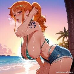 ai_generated areola_slip balecxi beach blush denim denim_shorts female green_bikini heart heart-shaped_pupils huge_breasts leaning_forward long_hair looking_at_viewer nami_(one_piece) navel one_piece open_fly orange_hair outdoors palm_tree ponytail short_shorts shoulder_tattoo solo sunset sweat swimsuit thighs tongue tongue_out
