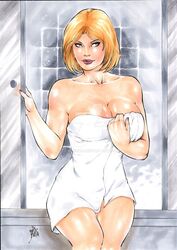 big_breasts blonde_hair blue_eyes breasts covered_breasts dc ed_benes_studio inviting jsa justice_society justice_society_of_america karen_starr lanio_sena makeup power_girl shower sitting towel