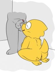 3:4 alphys anthro ass balls blush breasts digital_media_(artwork) duo erection eyewear female freckled_butt freckled_shoulders freckles genitals glasses hi_res lizard male male/female non-mammal_breasts nude penis penis_sniffing pussy reptile scalie simple_background sniffing susfortressa tail teeth text undertale undertale_(series) vulva yellow_body