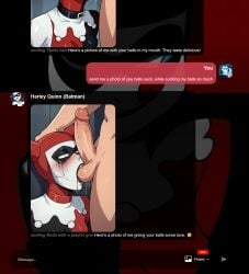 1boy 2girls ai_generated batman batman_(series) blue_eyes blush bondage bound breasts collar dc dc_comics dc_super_hero_girls dcau elbow_gloves english_text erection fellatio female harleen_quinzel harley_quinn harley_quinn_(arkham) harley_quinn_(classic) harley_quinn_(injustice) head_out_of_frame large_penis licking looking_at_penis mole multiple_boys multiple_girls navel oral penis pov red_hair solo_focus straight testicles tongue tongue_out uncensored veins veiny_penis