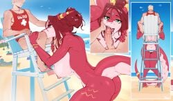 4:3 absurd_res anthro artist_request casual_sex detailed digital_drawing_(artwork) digital_media_(artwork) dragon fellatio female female_penetrated hand_on_face hi_res human kara_(buttocher) larger_female lifeguard lifeguard_swimsuit looking_at_another looking_at_viewer male male/female mammal mythological_creature mythological_scalie mythology obscured_sex oral penetration penile scalie sex size_difference smaller_male standing tavya